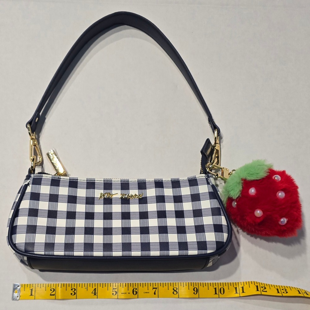 Betsey Johnson Navy White Gingham Baguette Shoulder Bag Strawberry Charm